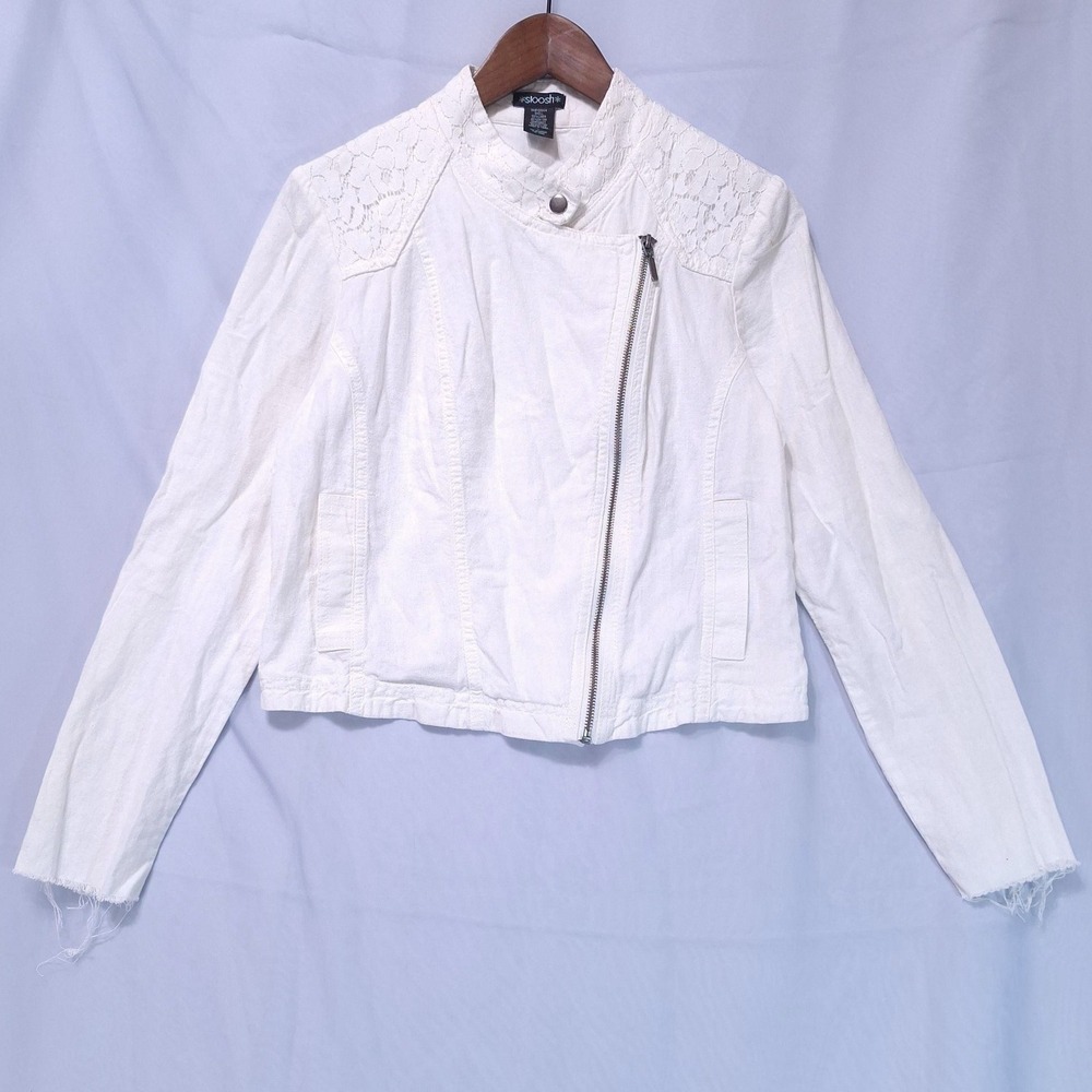 Stoosh Linen Blend Lace‎ Inset Moto Jacket Womens L White Asymmetrical Zip Layer